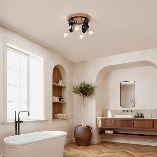 Image of 4-Light Round Flush Mount Ceiling Light,Adjustable Farmhouse Kitchen Track Light with Wood Base, Multi-Directional Dining Room Light for Island Hallway Entryway Bedroom.