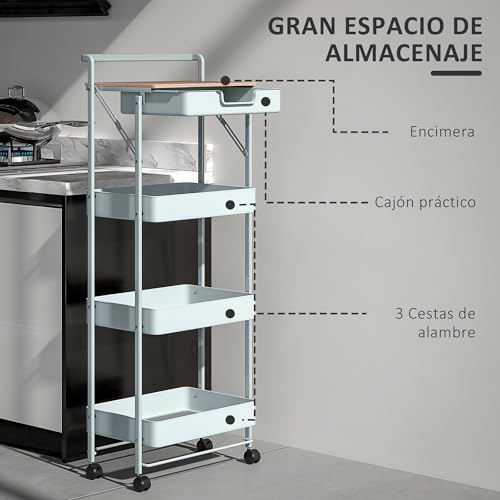 Miniatura 3 de Homcom Carrito Auxiliar Con Ruedas De 4 Niveles Carro De Cocina Con 1 Cajón Y 3 Cestas Carrito Organizador Para Dormitorio Salón Oficina Verde Claro