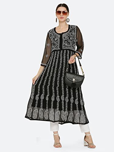 Image of FAWOMENT Women's Georgette Yok Anarkali Kurta with Intricate Lucknowi Chikankari Fine Hand Crafted Embroidery