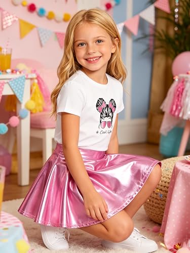 Image of Betusline Girls 2 Piece Outfits Short Sleeve Crop Top and Metallic Skater Skirt Set for Kids Dance Party Tennis, 4-14Y
