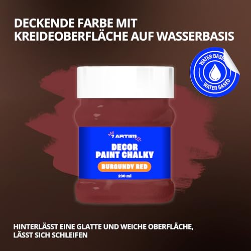 7 Artists Chalk Paint Burgunderrot 230 ml Kreidefarbe für Möbel | Kreidefarbe für Holz auf Wasserbasis - Burgunderrot Farbe für Möbel ohne Schleifen | Kreidefarbe Möbel, Wand, Holz