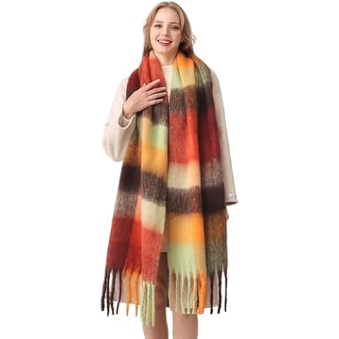 HOTIAN Women's Large Scarf Colorful Chunky Plaid Scarves Soft Winter Thick Tassel Warm Wrap Shawl Cover