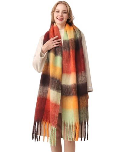 HOTIAN Women's Large Scarf Colorful Chunky Plaid Scarves Soft Winter Thick Tassel Warm Wrap Shawl