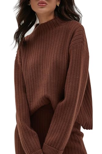 Image of CHYRII Womens Fashion Two Piece Outfits Mock Neck Oversized Sweater Tops Skirt Sets Sweater Dress Lounge Set