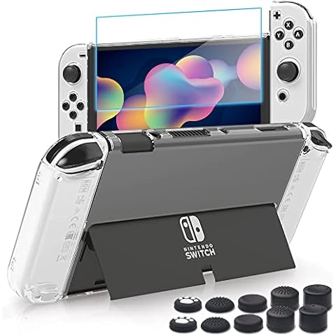 BRHE Switch OLED Clear Case, Ultra-Slim Dockable Hard PC Cover Protective Shell Accessories Kits with Glass Screen Protector/ Thumb Grip Caps for Nintendo Switch OLED Model 2021 Cover