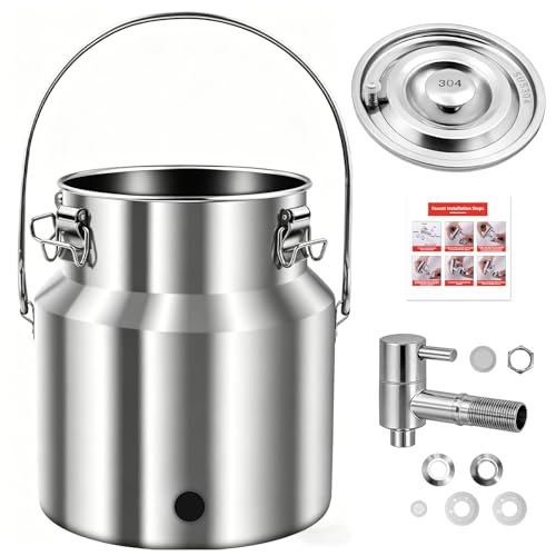 304 Stainless Steel Water Dispenser with Faucet Thickened Milk Can with Handle Sealing Ring and Instruction Manual 5L Stainless Steel Water Jug for Milk Water Tea Juice and Beverage Storage