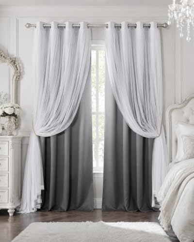 PONY DANCE Grey Double Layer Blackout Curtains with White Sheer 84 Inches Long for Girls Room, Elegant Black Out Ombre Drapes for Bedroom/Living Room/Nursery, 2 Panels with 4 Tiebacks, 52' W x 84' L
