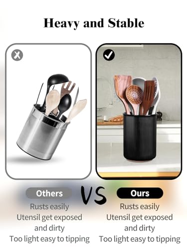 Image of LoeJan Utensil Holder, Extra Large Utensil Crock, Stable Ceramic Utensil Organizer, Cooking Tool Organizer Set for Kitchen Counter Farmhouse Decor (F-6.7 inch Black)