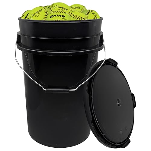 Champion Sports 12" Leather Cover Softballs | 18 Optic Yellow Softballs and Black Bucket | Cork Core | Medium Compression | NFHS Approved | Raised Seams by Champion Sports - Used condition - Image 5