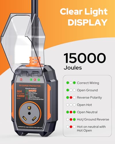Image of GEARGO ๐ต๐๐๐๐๐-๐ฎ๐๐ RV Surge Protector 30 Amp, 15000J Circuit Analyzer with IP68 Waterproof Cover, High-Energy Protection & Temperature Control, RV Adapter Plug for Camper, Travel Trailers