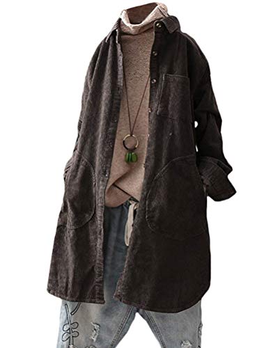 Minibee Women's Corduroy Shirt Coats Long Sleeve Button Down Blouses Tops with Pockets Dark Gray M