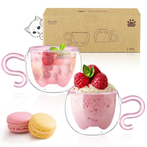 ecooe 130ml Süße Rosa Katze Doppelwandige Kaffeegläser Espressotassen 2er-Set, Katzentasse Geburtstagsgeschenk Geschenke für Frauen… – Ansicht 1