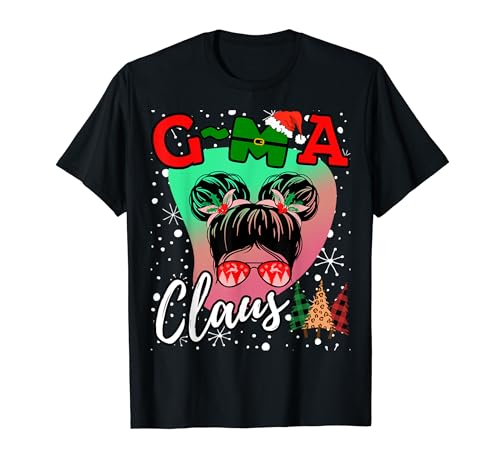Funny Messy Bun Christmas Gma G-MA Claus Women Leopard Plaid Maglietta