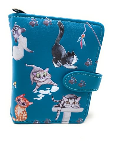 Shag Wear Playful Cats Small Wallet for Women and Teen Girls Vegan Faux Leather Teal 4.5