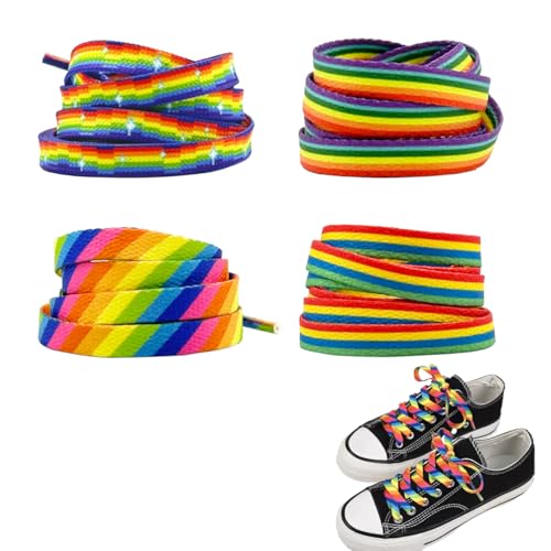 Guiguishiny 4 Paar Flach Sneaker Schnürsenkel, 8mm Breite 120cm Regenbogen Schnürsenkel, Bunte Flache,Sneaker Schuhbänder für Turnschuhe, Laufschuhe, Sportschuhe