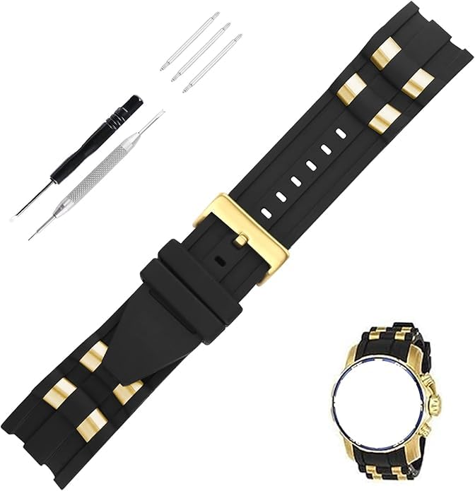 Topuly 26mm Rubber Watch Band replacement for Invicta Pro Diver 6977 6978 6981 6983 6984 6986 6991 26 mm Silicone Strap Wirstband accessories with Insert for Men and Women (Golden Insert)