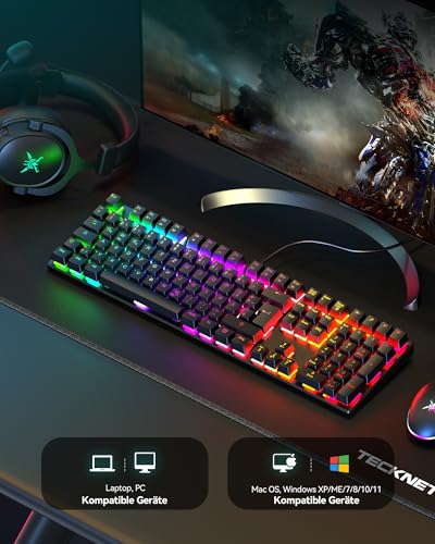 TECKNET Mechanische Gaming-Tastatur, QWERTZ, Red Switch, Anti-Ghosting – Ansicht 7