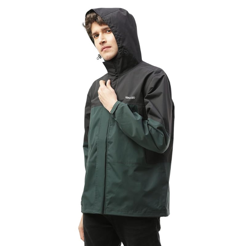 Image of ZEEL Raingear Stylish Rain Jacket for Men Waterproof for Bike Riders with Adjustable Hood along with inner pockets,Waterproof Rainwear with Lightweight Polyester Jacket, ZRS001 Black Green 2XL