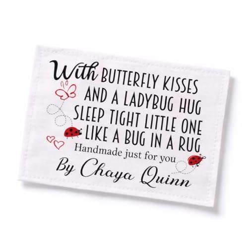 Personalized Baby Quilt Labels with Butterfly & Ladybug – Custom Quilt Label with Maker Name – Cotton Fabric Quilt Tags – 6 Labels per Sheet – 2.5 x 2 Inch