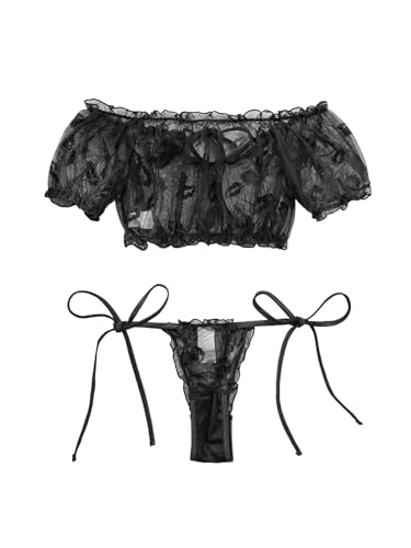 Image of Lilosy Sexy Stretch Ruffle Tie Sheer Mesh Lingerie Set Outfits