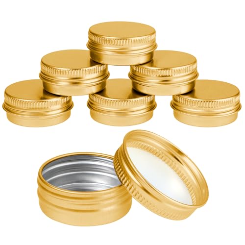 WLLHYF Paquete de 6 recipientes redondos de aluminio de 0.5 onzas con tapa de rosca, a prueba de fugas, botellas recargables para bálsamo labial, loción y crema de especias para cosméticos (dorado)