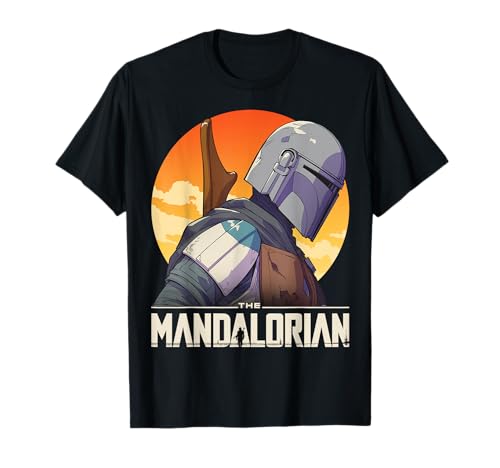 T-shirt The Mandalorian Star Wars avec portrait silhouette coucher de soleil pour homme