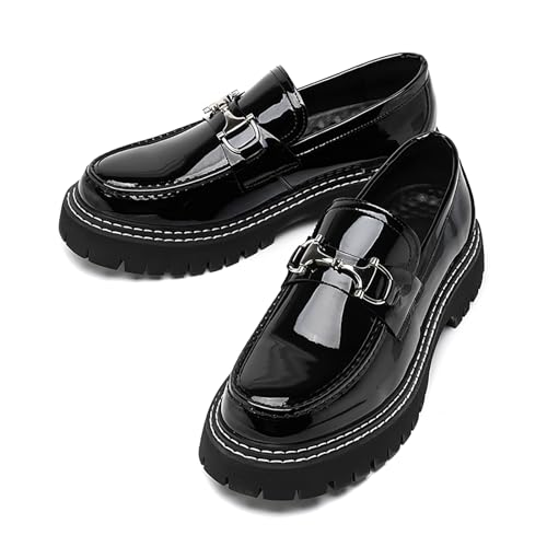 Mens Patent Leather Platform Penny Loafers with Metal Decoration Classic Round Toe Lug Sole Slip-On Dress Shoes for Fashion Business Formal Work