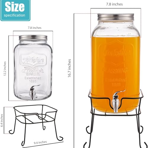 Image of 8 litres Mason Glass Beverage Dispenser with Metal Stand | Airtight Lid, Wide Mouth, Leak-Proof Spigot | Perfect for Detox Water, Infusions, Parties & Events