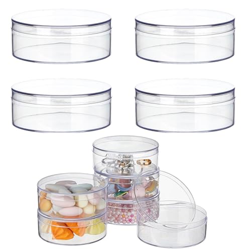 4 Pack Round Acrylic Container, Clear Organizer Box with Lid, Acrylic Storage Boxes, Plastic Display Container for Candy Beads Jewelry Gift Wedding Graduation Favor (1.57 * 4.7inch)