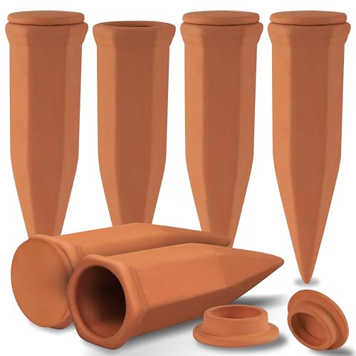 Soilagua Large Terracotta Watering Spikes with Lids Automatic Plant Waterer Outdoor | Indoor Vacation Friendly Clay Plant Watering Devices System Slow Release Self Watering Planter Insert 6 Pack