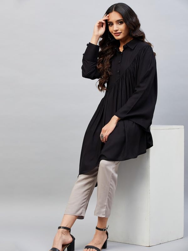 Image of Aaheli Women's Shirt and Trousers Co-Ord Set | Asymmetric Long Shirt with Full Sleeves & Solid Pants | Casual Office Wear Outfit | Olive