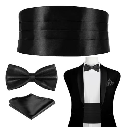 Gansdnek Set de Fajín para Hombre, Fajín, Pañuelo de Bolsillo, Pajarit, Accesorios para Traje Formal, Negro Clásico, Ideal para Esmoquin, Boda, Gala, Baile de Graduación & Ocasiones Formales