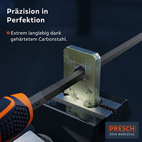 Presch Feilenset Metall und Holz 6tlg. inkl Rolltasche - Hochwertiges Profi Feilen Set mit Hieb 2 inkl. Halbrundraspel, Flachstumpffeile, Halbrundfeile, Rundfeile, Dreikantfeile und Vierkantfeile