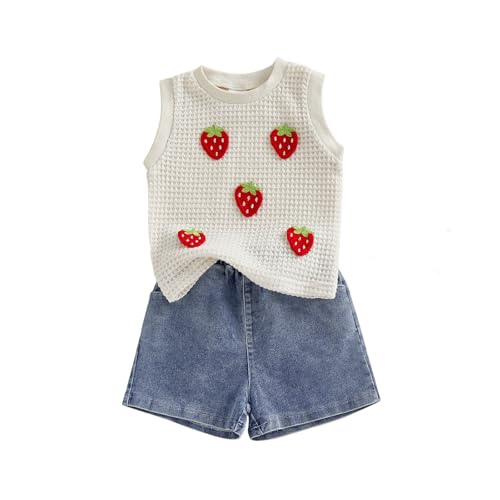 YINGISFITM Toddler Girl Clothes Baby Summer Waffle Knit Tank Top Sleeveless Shirt Jeans Shorts Floral Outfit Girls Clothing (Cream strawberry 3-4T)