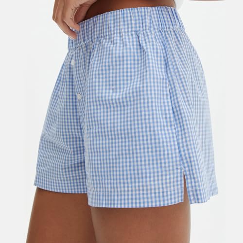 Image of Y2k Plaid Shorts Cute Baggy Ginghem Boxer Shorts for Women Checked Lounge Pajama Bottom Preppy Sleep Pj Shorts