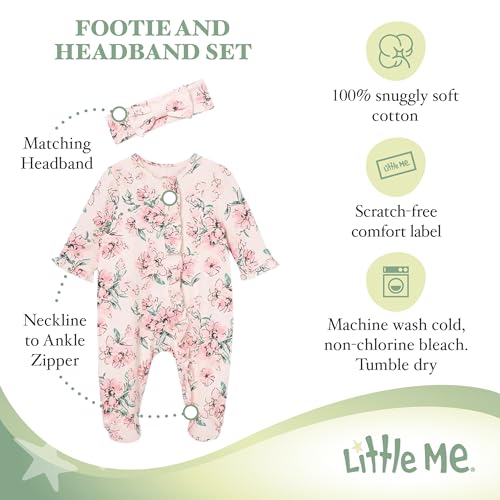 Little Me Clothes for Baby Girls 100% Cotton 2Pc Zipper Closure Footie and Headband Set, Baby Essentials, Preemie to 9 Months3