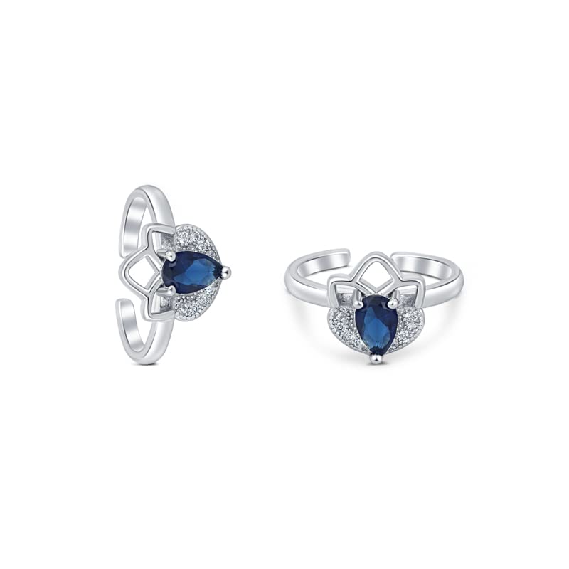 Pure 925 Sterling Silver Toe Ring | Droplets Sterling Silver Zirconia Toe Ring | Rhodium Finish, Zirconias and Blue Enamel | Adjustable Toe Ring For Women-image-46
