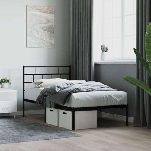 ShCuShan Marco de cama de metal con cabecero negro de 100 x 200 cm, marco de cama doble de metal con cabecero, espacio de almacenamiento debajo de la cama, para adultos/adolescentes, fácil montaje