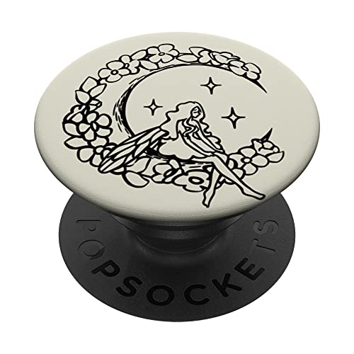Coquette Fairy sits in Crescent Moon with Flowers PopSockets Swappable PopGrip, Black