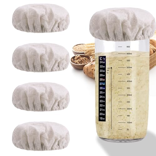 Vodolo 100% Cotton Sourdough Jar Cover 5 PCS Reusable Sourdough Bread Proofing Starter Jar Cloth Covers for Most Glass Mason Sour Dough Crock