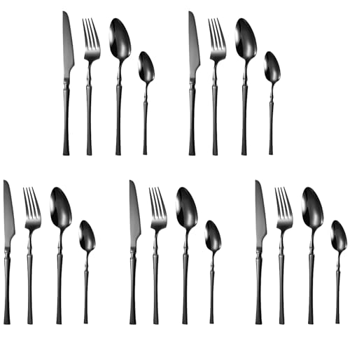 Image of aDai Matte Black Silverware Set | Satin Finish 20-Piece Korean Vintage Style Flatware Set | Dishwasher Safe Stainless Steel Cutlery for Home, Restaurant & Gifting