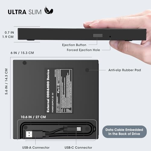 Image of ROOFULL Ultra Slim External CD /DVD Drive USB 3.0 & USB-C with 4 USB Port Hub and 2 SD /TF Card Slot, 8-in-1 CD DVD Burner Reader Writer Optical Disk Drive for Windows 11 /10 Laptop PC Mac MacBook Linux