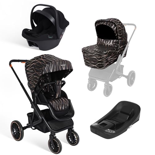 BabyVoyage Cochecito 4 en 1, Carro bebe con empuje reversible de dos vías 0-48 meses Hasta 26 kg, sistemas de viaje, Ruedas grandes Todoterreno 360°, Silla paseo bebe, plegable con un clic (oro negro)