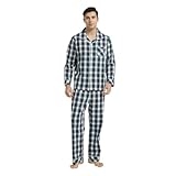 Vulcanodon Mens Cotton Pajama Set, Button Down Woven Pajama Set for Men Plaid Men's Sleepwear(Navy Plaid,L)