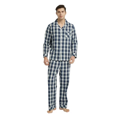 Vulcanodon Mens Cotton Pajama Set, Button Down Woven Pajama Set for Men Plaid Men's Sleepwear(Navy Plaid,L)