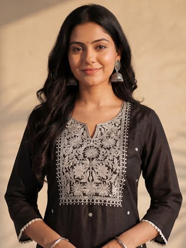 Image of INDO ERA Women's White Viscose Rayon Straight Embroidered Kurta