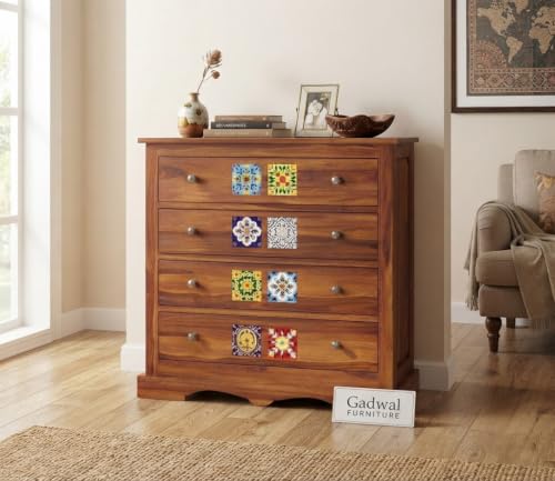 Image of Wooden Chest of Drawers 4 Drawer Storage Cabinet | Wooden Drawer Chest for Bedroom, Living Room & Home | Multi-Purpose Storage Organizer, Clothes Cabinet (James, Honey Finish)
