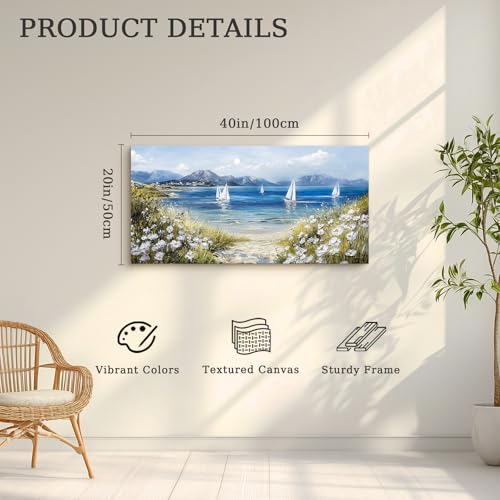 crmotu Coastal Wall Art, Sailboat Wall Art, Beach Art Wall Decor, Beachy Scenery Large Artwork, Tropical Ocean Canvas Pictures for Living Room Bedroom, Mediterranean Scenic Wall Prints 20x40inch