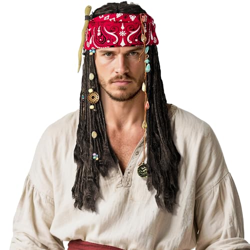 DigiTizerArt Pirate Captain Costume Wig for Men Women Cosplay Halloween Party Costume Props Bandana Braid Beads Accessories (Black)