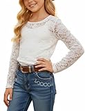Girls Lace Long Sleeve Sheer Blouse Cute Crew Neck Mesh Soft Layering Tee Shirts Blouse Top, 4-5T, White